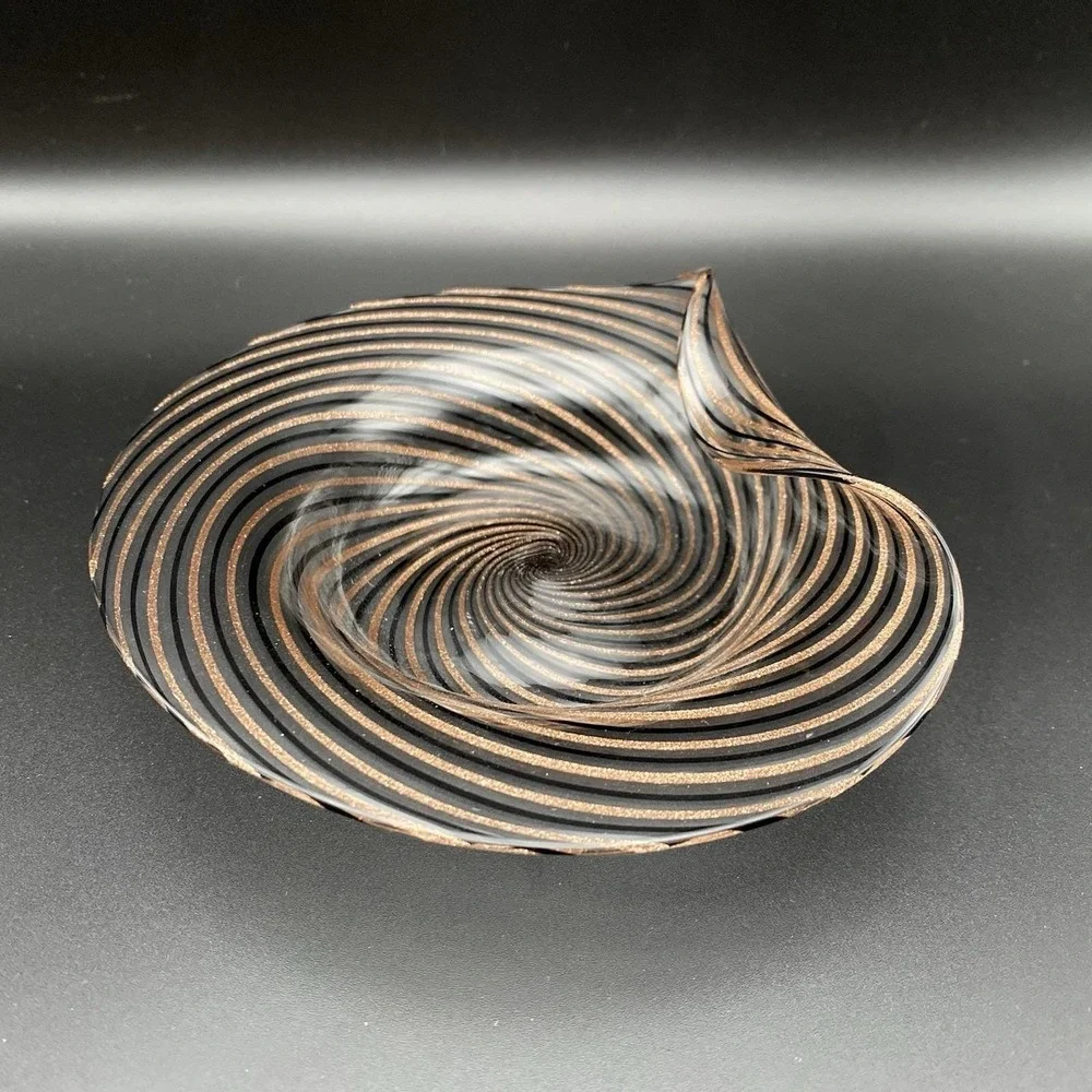 Murano Glass Handkerchief Bowl Gold Black Swirl Dino Martens Aureliano Toso